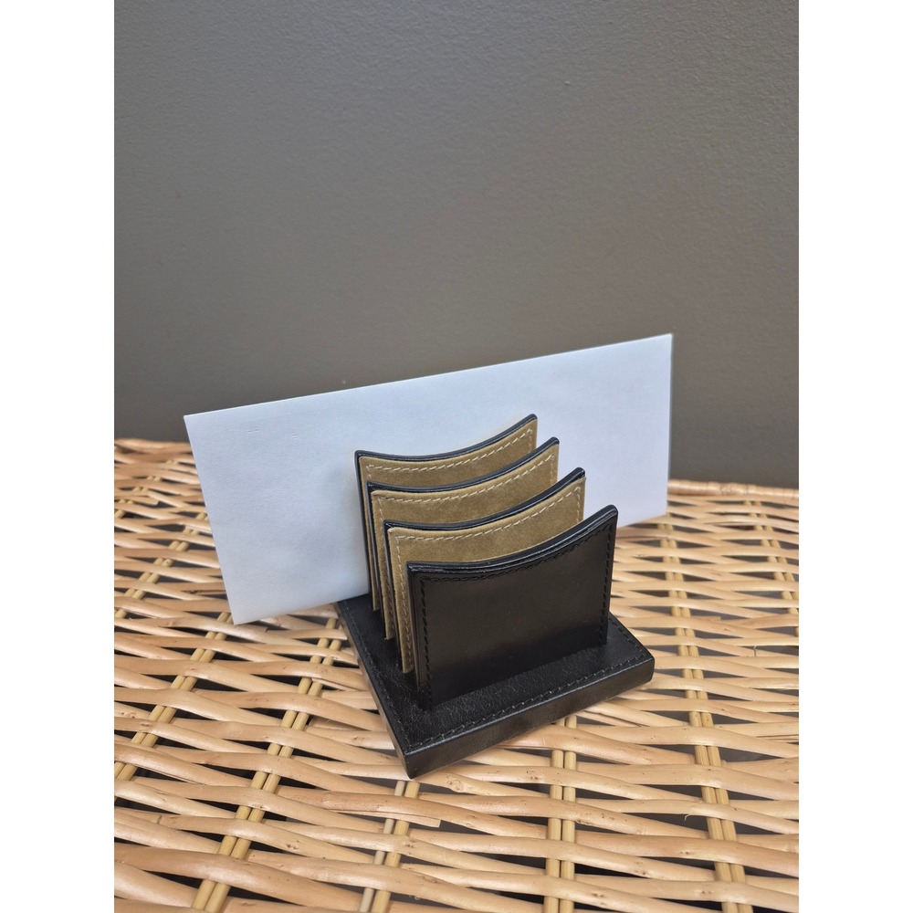 Vintage Black Leather 4 Slot Letter Holder Mail Sorter Desk Organizer Executive